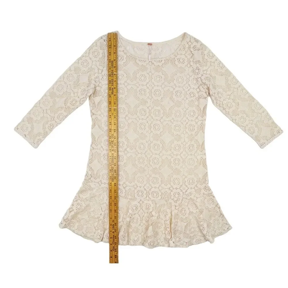 Free People Dress Womens 10 Ivory Lace Ruffle Hem 3/4 Sleeve Sheath *Read